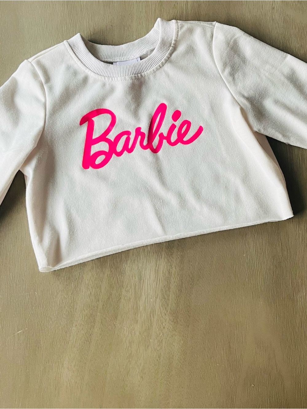 Barbie White Cropped Sweatshirt with Neon Pink Logo